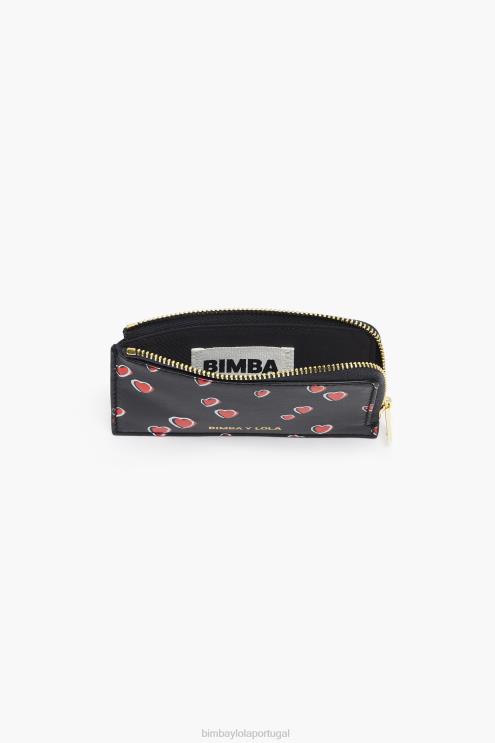 preto acessórios 64X4N1007 porta-moedas retangular de couro com estampa de corações pequenos Bimba Y Lola
