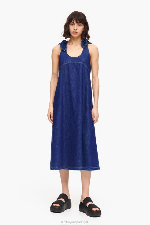 azul roupas 64X4N202 vestido jeans escuro evasê Bimba Y Lola