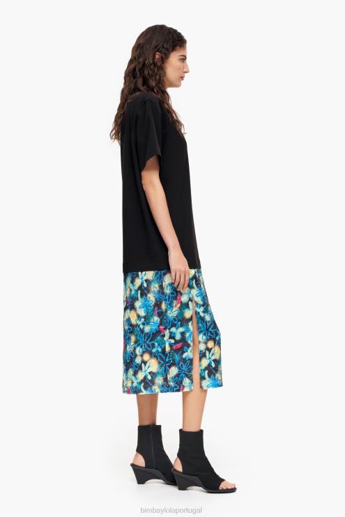azul roupas 64X4N235 vestido midi com estampa de flores graffiti Bimba Y Lola