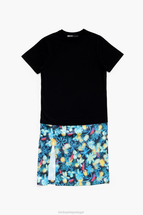 azul roupas 64X4N235 vestido midi com estampa de flores graffiti Bimba Y Lola