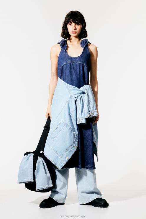 azul roupas 64X4N510 vestido jeans escuro evasê Bimba Y Lola