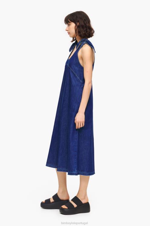 azul roupas 64X4N513 vestido jeans escuro evasê Bimba Y Lola