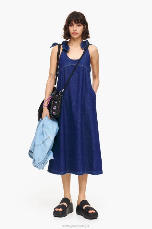 azul roupas 64X4N513 vestido jeans escuro evasê Bimba Y Lola