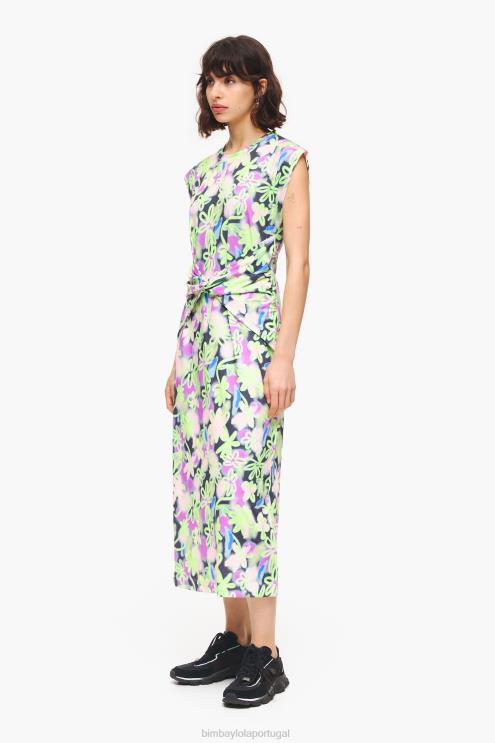 lilás roupas 64X4N215 vestido midi justo com estampa de flores graffiti Bimba Y Lola