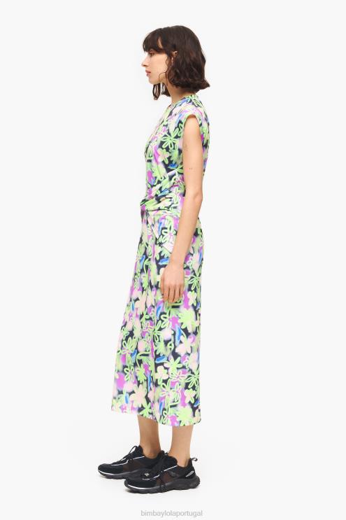 lilás roupas 64X4N215 vestido midi justo com estampa de flores graffiti Bimba Y Lola