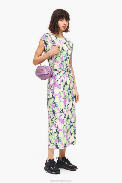lilás roupas 64X4N215 vestido midi justo com estampa de flores graffiti Bimba Y Lola