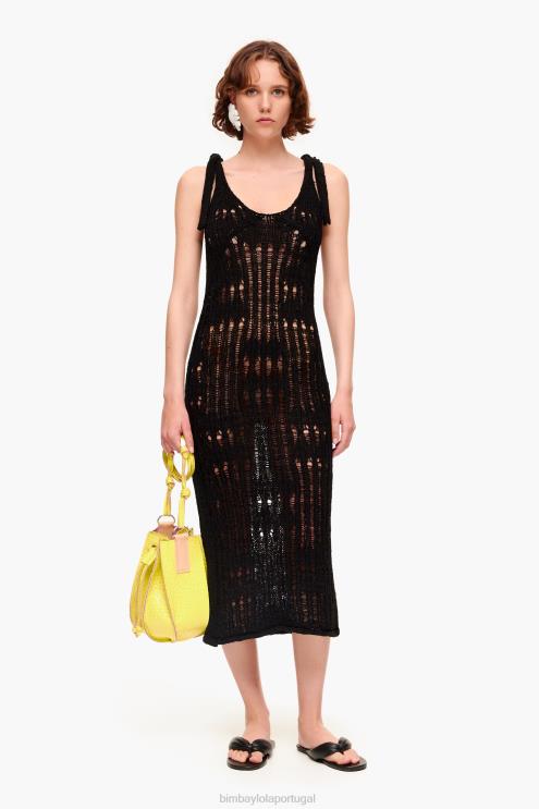 preto roupas 64X4N175 vestido longo de crochê Bimba Y Lola