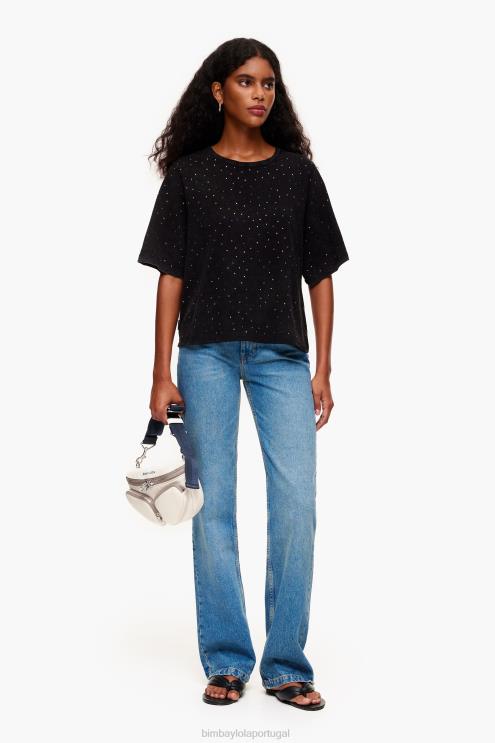 preto roupas 64X4N296 camiseta boxy com pedras multicoloridas Bimba Y Lola