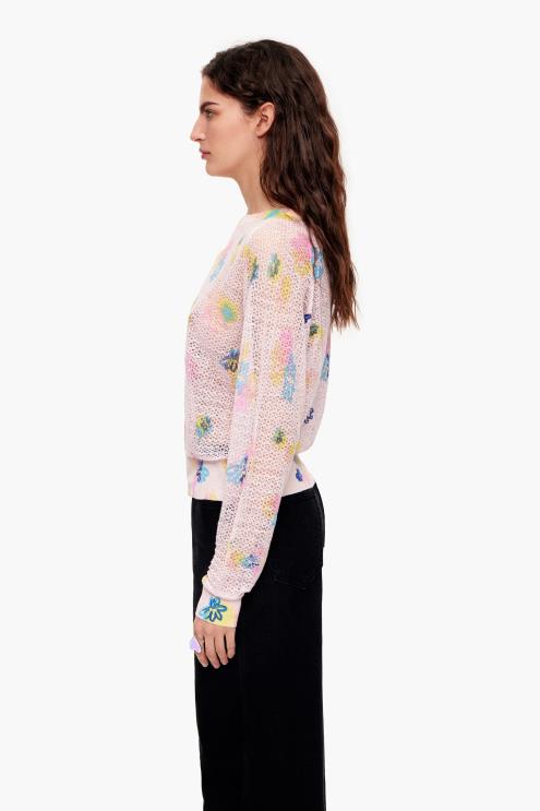 rosa roupas 64X4N393 suéter de linho com estampa de flores em spray Bimba Y Lola